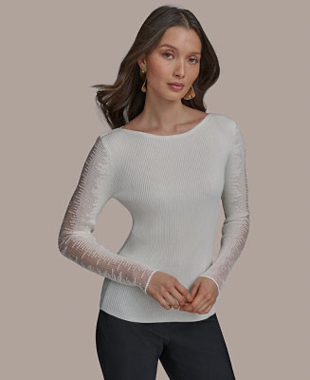 Donna Karan New York white ribbed boat neck sheer sleeve sweater WOMENS MEDIUM